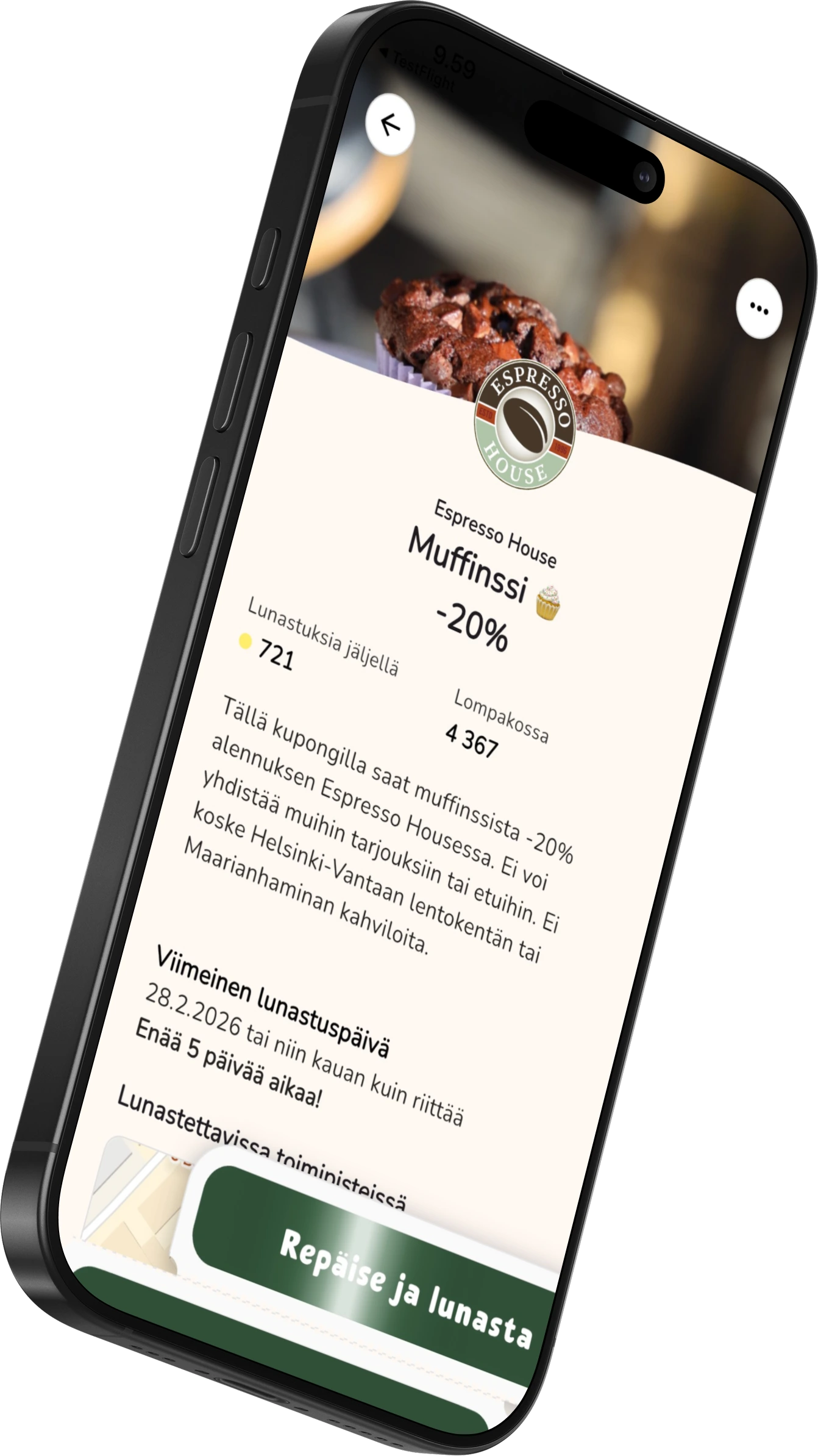 Puhelin, jossa näkyy, miltä näyttää Espresso Housen kuponkin repäisy.