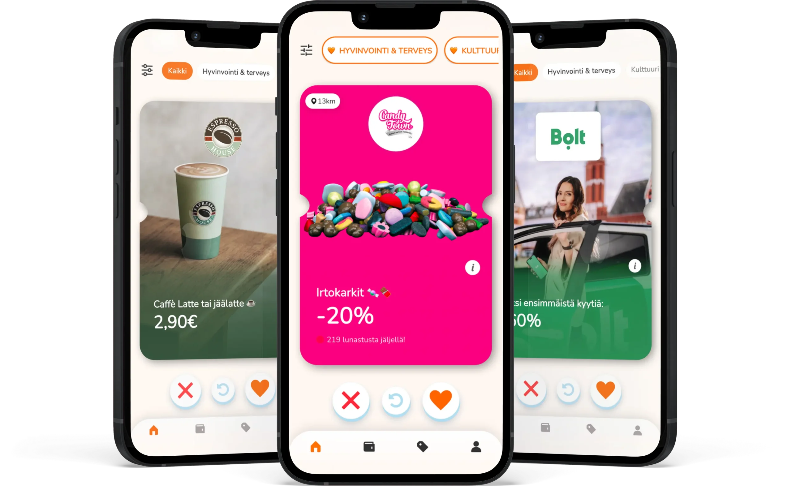 Kolme puhelinta, joissa näkyvissä Espresso Housen, CandyTownin ja Boltin kuponki